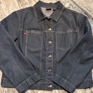 Chico's Dark Blue Denim Jacket with Gold Stitching